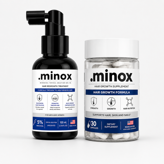 Kit .minox com 1 frasco de Minoxidil 100ml em spray e 1 pote de Vitamina Capilar com 30 cápsulas