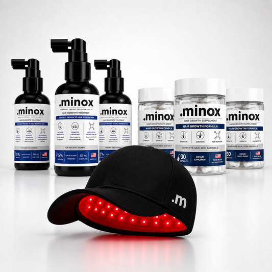 Kit .minox com 3 frascos de Minoxidil, 3 potes de Vitamina Capilar e 1 Boné LED