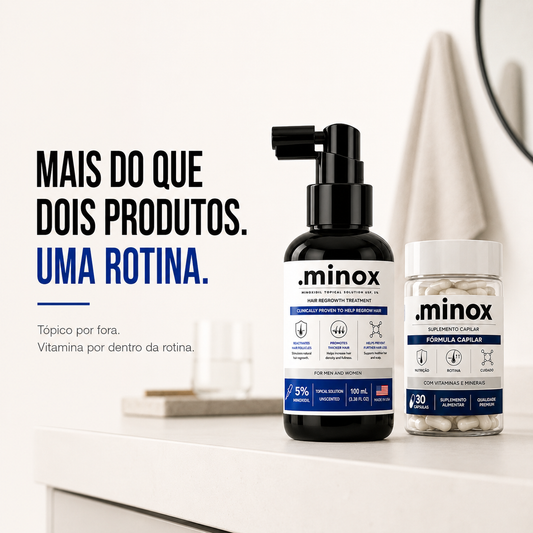 Minoxidil .minox 100ml e Vitamina Capilar .minox com 30 cápsulas apresentados como parte de uma rotina combinada