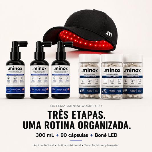 Sistema .minox completo com 300ml de Minoxidil, 90 cápsulas de Vitamina Capilar e 1 Boné LED